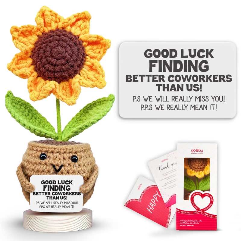 Gossby Handmade Positive Sunflower Doll Crochet with Card - Women Coworker Appreciation Gift - Retirement  Farewell  Goodbye  Leaving  Going Away Gift for Coworker - Good Luck Finding Better Coworkers - Image 1